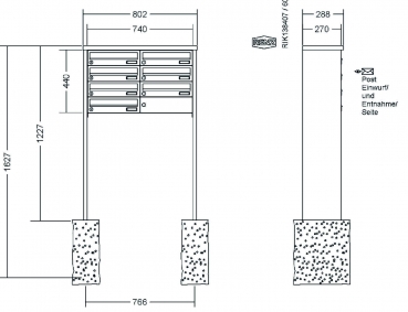 RENZ Briefkastenanlage freistehend, Tetro, Edelstahl V4A, Kastenformat 370x110x270mm, 7-teilig